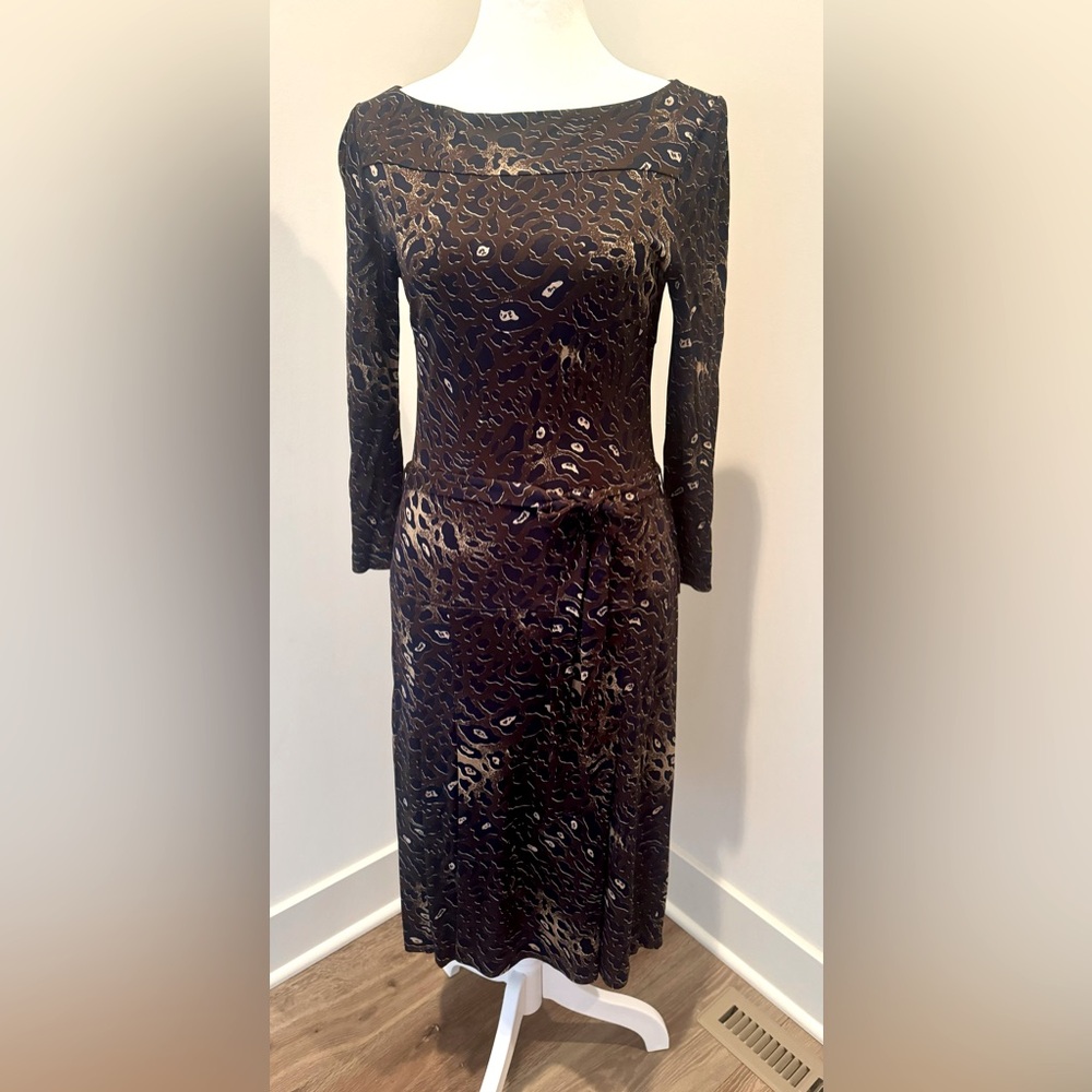 Tory Burch - Brown & Navy Leopard Print Belted Drop Waist Dress Size XS